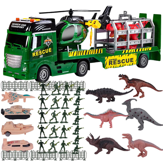103 PCS Dinosaur Truck Vehicle Toy Set 25.6" Big Semi Truck ToyTruck Toys Set with DinosaurHelicopterSoldier Truck in Carrier Truck Dinosaur Park Toy Chritsmas Gift for 3+ Year Old Boys and Kids