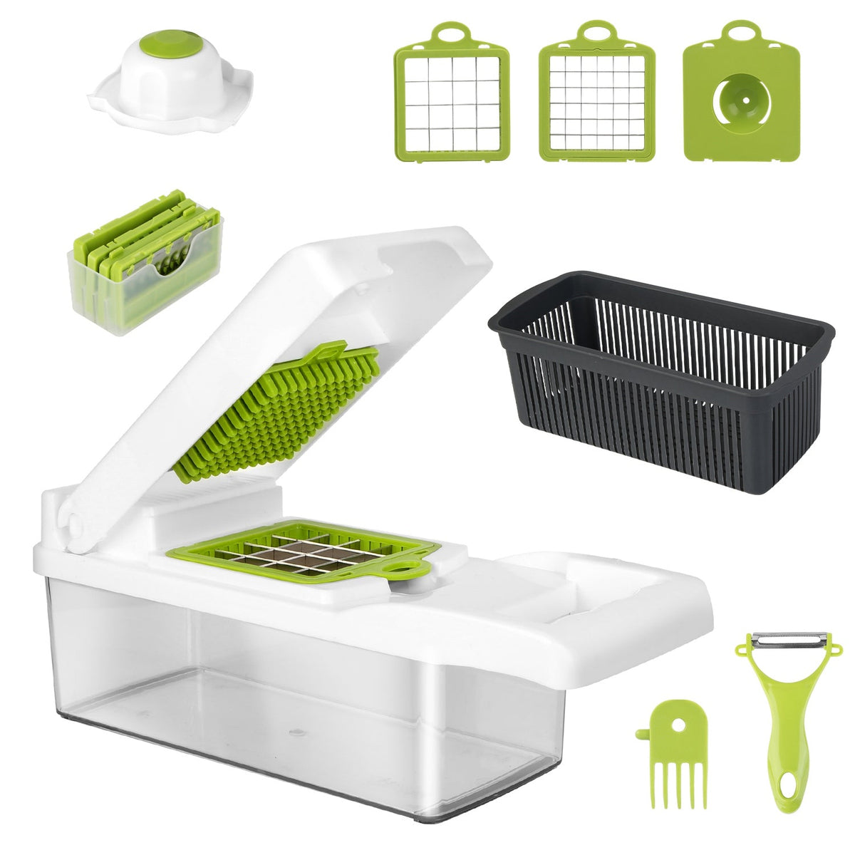 White and green Choppora vegetable chopper with a clear collection container, interchangeable blades, colander, hand protector, peeler, and cleaning fork.