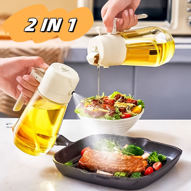 Olivora glass oil dispenser shown spraying oil over food in a pan and pouring oil onto a salad.