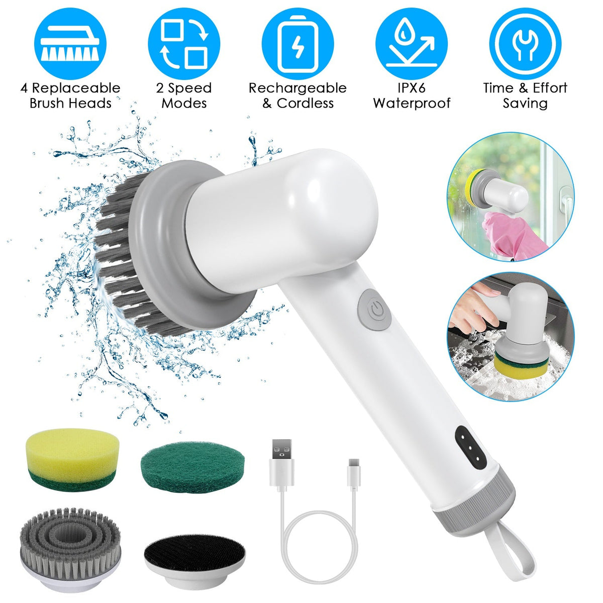 White handheld cordless spin scrubber pictured with interchangeable brush and pad attachments and a USB charging cable.