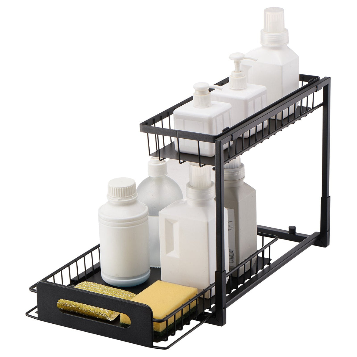 Black two-tier cabinet organizer with a lower basket pulled forward, holding white bottles and sponges.