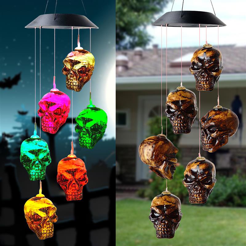 Solar Halloween Skull Wind Chime with Colorful LED Lights