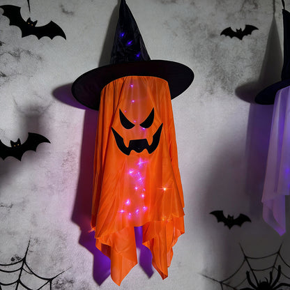 Glowing ghost decorations for Halloween featuring a light-up witch hat and spooky face design.