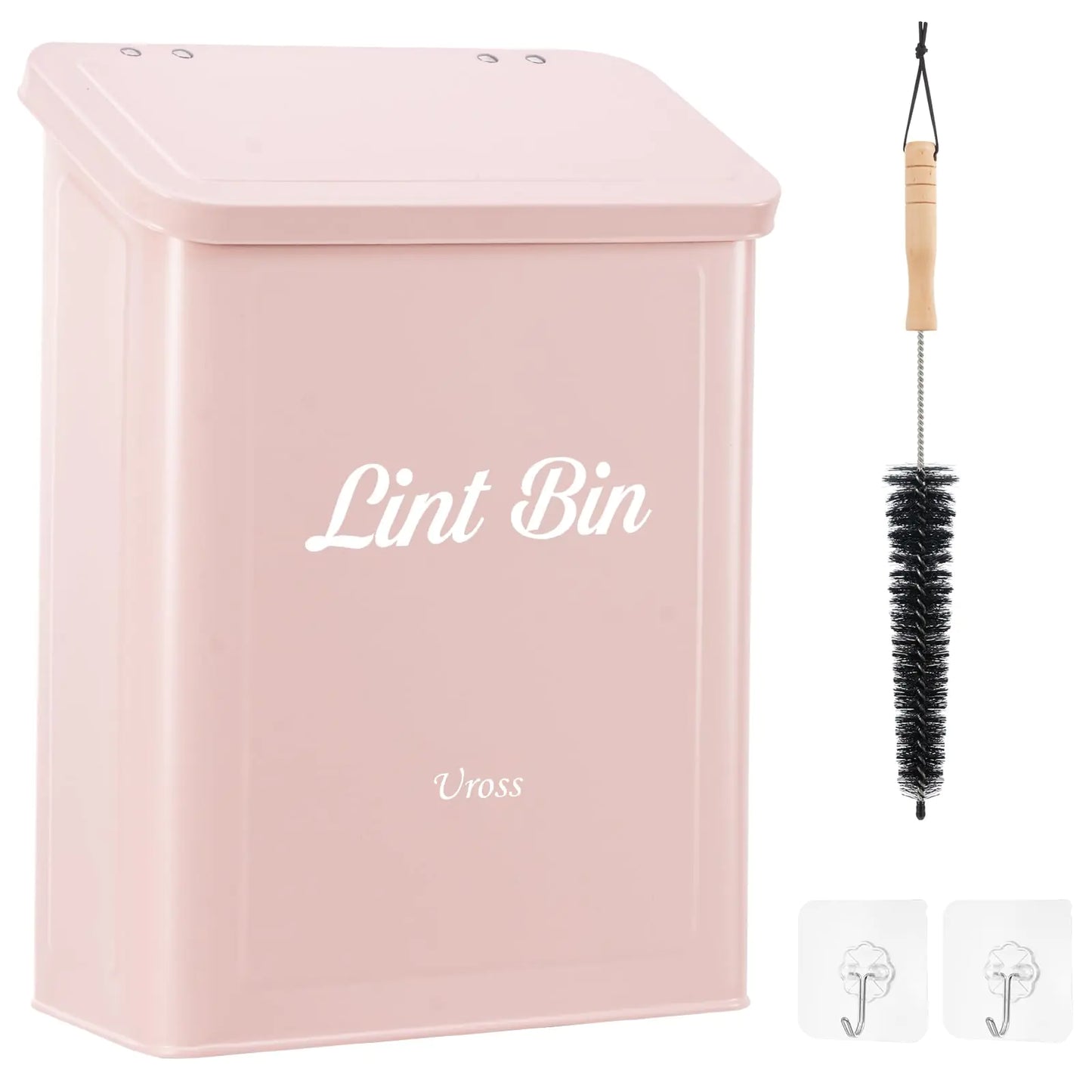Uross Magnetic Lint Bin for Laundry Room with Lint Brush Metal Wall Mounted Dryer Lint Box Holder Keeper Organization with Lid Stylish Laundry Room Decor -Pink