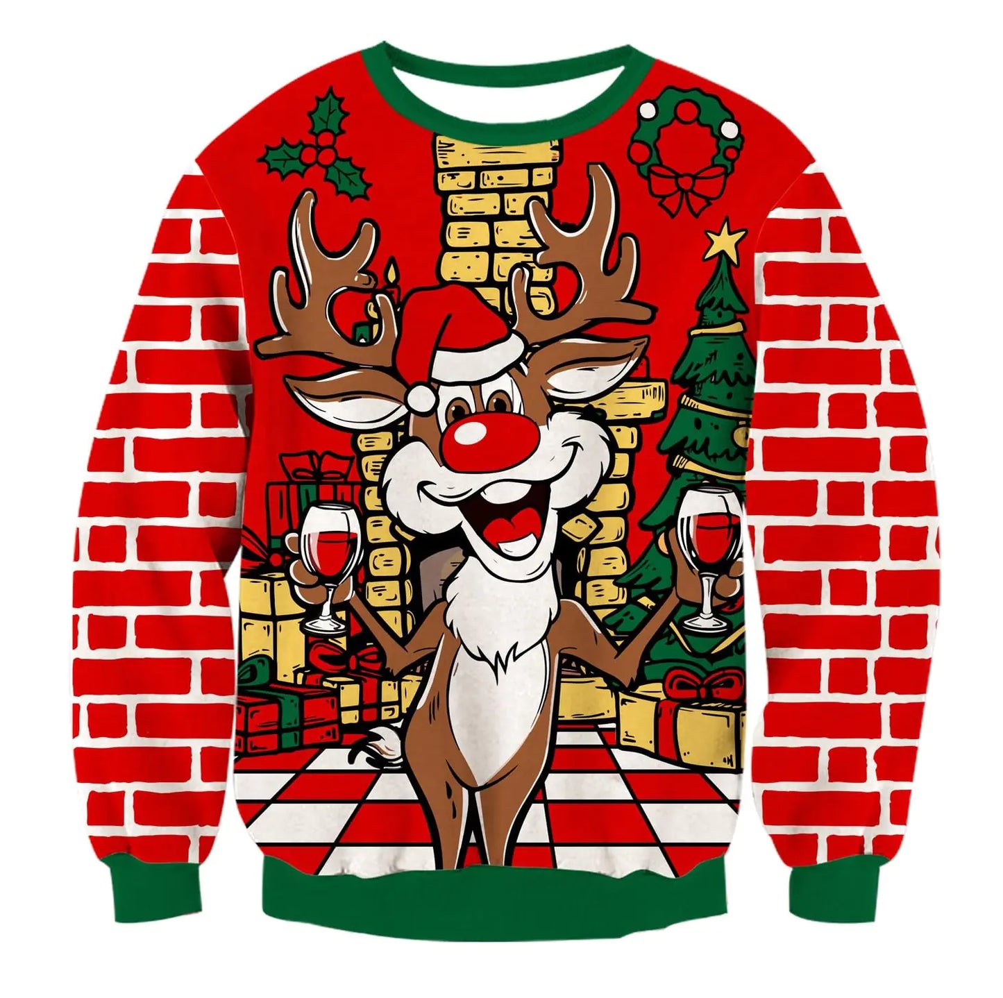 Mens Ugly Chritsmas Sweater Xmas Reindeer Print Knit Sweatshirt Casual Long Sleeve Pullover Jumper Tops Outfit for Party