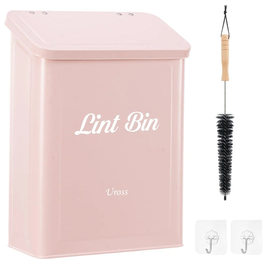 Uross Magnetic Lint Bin for Laundry Room with Lint Brush Metal Wall Mounted Dryer Lint Box Holder Keeper Organization with Lid Stylish Laundry Room Decor -Pink