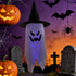 Glowing ghost decorations for Halloween featuring a light-up witch hat ghost with a spooky face.