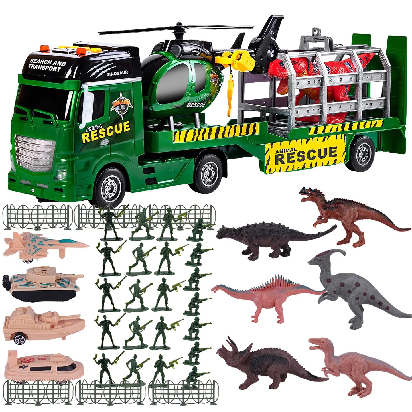 103 PCS Dinosaur Truck Vehicle Toy Set 25.6" Big Semi Truck ToyTruck Toys Set with DinosaurHelicopterSoldier Truck in Carrier Truck Dinosaur Park Toy Chritsmas Gift for 3+ Year Old Boys and Kids