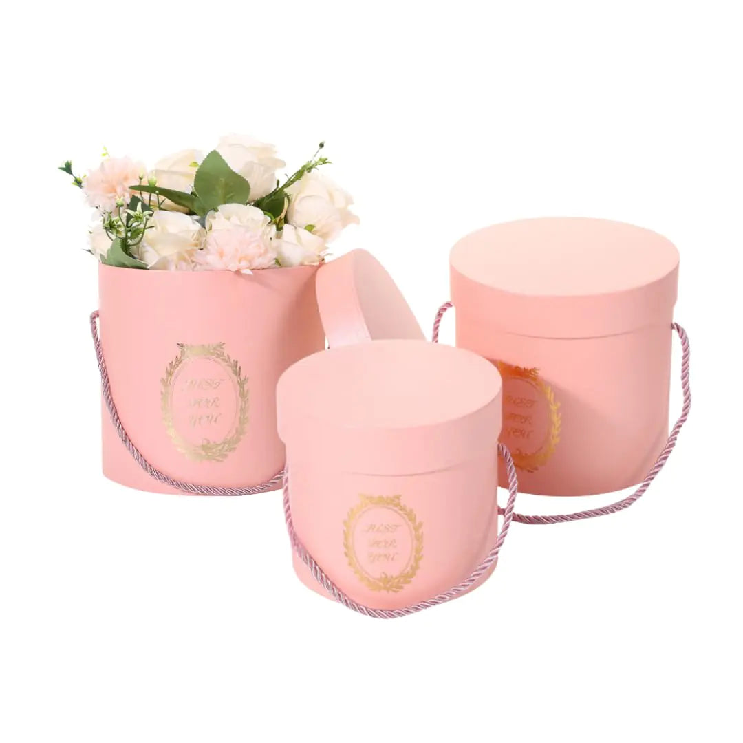 Set of 3 Cylinder Luxury Flower Boxes with Lids Round Florist Gift Packaging Cardboard Box for Flowers Nested Floral Bouquet Favor Box for Anniversaries Birthdays Weddings Chritsmas (Pink)