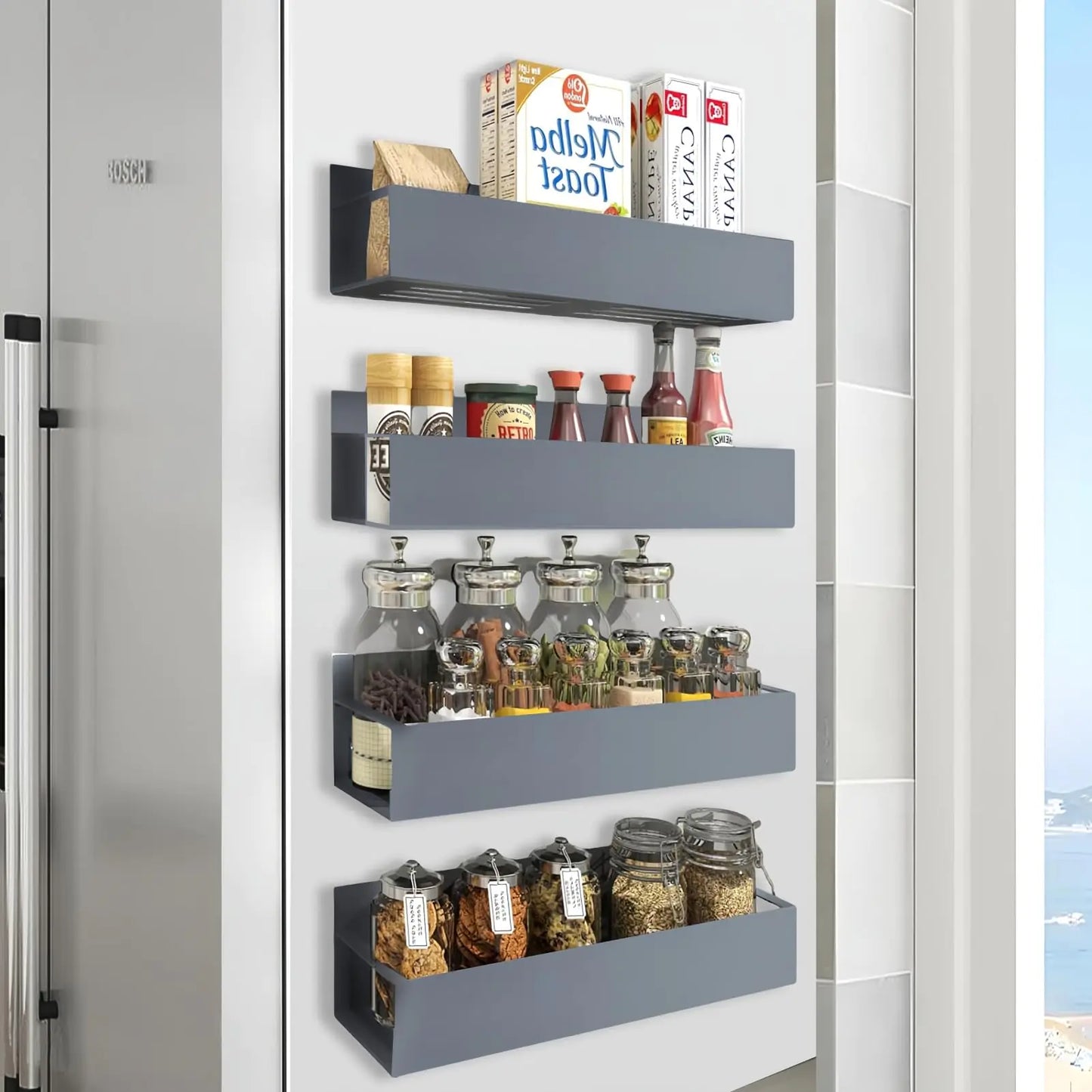 HETMI 4 Pack Magnetic Spice Rack Magnetic Spice Rack Organizer Refrigerator Magnetic Spice Rack for Refrigerator and Microwave Oven Removable Metal Cabinet Space Saving Refrigerator Rack Grey